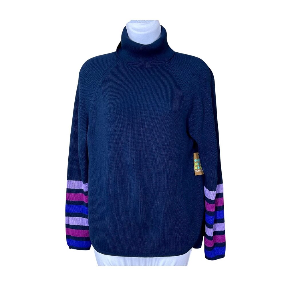 Title Nine Offsite Synergy Navy Turtleneck Striped Sleeve Knit Sweater S NWT